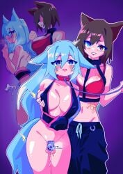 1futa 1girls anal anal_sex animal_ears big_breasts blue_eyes blue_hair bondage bottomless breast_expansion breast_grab brown_hair chastity_cage clothed clothing collar commission commissioner_upload crossdressing cum_drip cum_on_body cum_on_leg drooling facial_markings femdom feminization final_fantasy_xiv fox fox_ears fox_tail futanari heart-shaped_pupils humanoid kemonomimi kunoichi kuromaru_(original_character) leash leash_pull light-skinned_futanari light_skin long_hair miqo'te niello_kyo partially_clothed qathrin_tia rape red_rope short_hair skeb_commission standing thighhighs