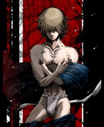 brown_hair bulge covered_nipples covering_self crossed_arms facial_hair fundoshi gintama goatee hair_over_eyes hattori_zenzou light_brown_hair looking_at_viewer male male_only open_clothes pants_down solo toned toned_male topless topless_male