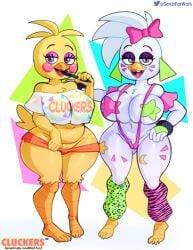 2girls animatronic avian background beak big_ass big_breasts big_earrings bird bird_feet bow earrings eyelashes five_nights_at_freddy's five_nights_at_freddy's:_security_breach glamrock_chica_(fnaf) jockstrap lipstick multiple_girls nipple_stickers purple_eyes pussy slightly_chubby somescrub spiky_hair sticker thick_thighs tight_clothing toy_chica_(fnaf) white_skin yellow_skin