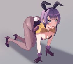 1girls :o adapted_costume all_fours alternate_costume animal_ears ass bernadetta_von_varley big_ass blush breasts bunny_ears bunny_girl bunnysuit capelet cleavage earrings fake_animal_ears fake_tail female female_only fire_emblem fire_emblem:_three_houses fishnet_pantyhose fishnets gloves grey_background grey_eyes high_heels highleg highleg_leotard highres jewelry leotard lilshironeko medium_breasts nintendo pantyhose playboy_bunny post-timeskip purple_gloves purple_hair purple_leotard rabbit_ears rabbit_tail short_hair simple_background solo strapless strapless_leotard tail wrist_cuffs