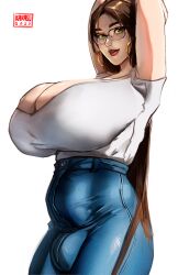 1futa 2023 arms_up ball_bulge big_breasts big_bulge big_penis breasts brown_eyes brown_hair brunette bulge bulge_through_clothing busty clothed clothing earring earrings erection fully_clothed futa_only futanari gigantic_breasts glasses green_eyes hoop_earrings huge_breasts huge_cock human jeans karasuart07 large_breasts large_penis light-skinned_futanari light_skin lips long_hair mature_futa milf penis penis_under_clothes piercing piercings ring_earrings ring_piercing solo standing voluptuous white_background yuriko(karasuart07)