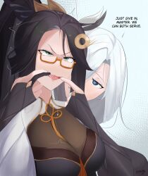 2girls black_hair cleavage dialogue drooling eroborne genshin_impact glasses hypnosis long_hair mind_control ponytail shenhe_(genshin_impact) suggestive text white_hair xianyun_(genshin_impact)