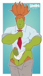 balls bara blanka boner capcom erection gendomx green_skin male male_only muscles muscular necktie orange_hair pants_down penis penis_out shirt solo solo_male street_fighter underwear undressing