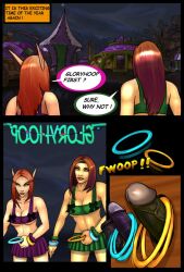 2011 2girls big_breasts blizzard_entertainment blood_elf brown_hair comic comic_page darkmoon_faire dialogue elly_(mirroruniverse) green_eyes human human_(world_of_warcraft) light-skinned_female light_skin miniskirt original_character penis pussy red_hair shina solo tyurru warcraft world_of_warcraft