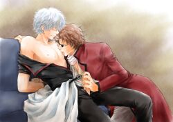 2boys arms_behind_back arms_tied arms_tied_behind_back blush bound_wrists brown_hair coat cum cum_on_hand erection eye_contact gintama gintoki_sakata hadanugi_dousa handjob hi_res licking_male_nipple looking_at_another male male_only mushaburui nipple_licking off_shoulder open_kimono open_pants open_shirt penis penis_out restrained sakamoto_tatsuma saliva silver_hair sitting sofa sunglasses sweat uncensored white_hair yaoi