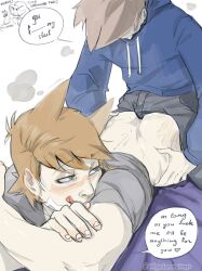 2boys artist_name ass blue_hoodie bulge_between_ass_cheeks bulge_on_ass cum doggy dolgedannisiomo eddsworld english_dialogue english_text gay orange_hair pole tagme tom_(eddsworld) tord_(eddsworld)