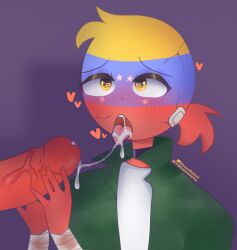 after_deepthroat bandages blowjob choker countryhumans cum cum_in_mouth cum_on_tongue cumshot gay gay_blowjob gift_art green_clothing hands_on_penis pink_tongue problematiicpup purple_background russia_(countryhumans) simple_background tongue_out venezuela_(countryhumans) yaoi yellow_eyes