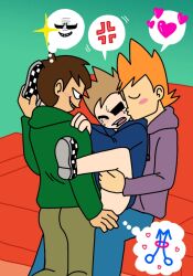 3boys anal_sex armchair black_eyes blue_hoodie blush edd_(eddsworld) eddsworld emoticon gay gay_domination gay_sex green_background green_hoodie half_naked kiss matt_(eddsworld) moaning tom_(eddsworld) toony trio yaoi