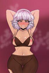 big_breasts blush female_only hands_behind_head kimtoxic league_of_legends lingerie qiyana_yunalai sweat sweaty tagme_(artist) thigh_gap white_hair wide_hips