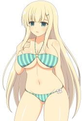 1girls ass_visible_through_thighs asymmetrical_bangs bangs bikini blonde_hair cleavage female front_view green_eyes groin hairclip huge_breasts ichiryuu_tsumiki light-skinned_female light_skin looking_at_viewer midriff navel o-ring_bikini open_mouth ribbon senran_kagura sidelocks simple_background solo standing straight_hair stripes very_long_hair white_background yomi_(senran_kagura)