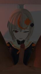 3d bed blowjob dorei-chan_(tuyu) felation female happy mv_character orange_eyes render school_uniform short_hair tuyu