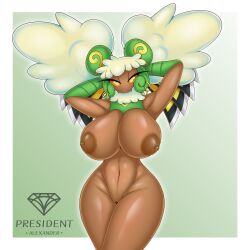 1:1 accessory anthro areola asian_clothing big_breasts breasts chinese_clothing clothing east_asian_clothing female generation_5_pokemon genitals hi_res huge_breasts humanoid_genitalia invalid_background makeup multicolored_body nintendo nipples nude pokemon pokemon_(species) pokemorph president_alexander pussy solo thick_thighs whimsicott wide_hips