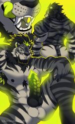 animal_genitalia anthro armpit_hair balls body_hair chest_hair chest_tuft delta_(takomishadow) felid genitals green_eyes green_tongue hi_res hybrid liger lion male mammal mane mohawk open_mouth pantherine penis sheath solo takomishadow teeth tiger tongue tuft