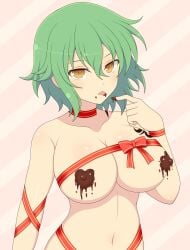 1girls bangs chocolate chocolate_on_breasts cleavage collar collarbone crossed_bangs expressionless female green_hair hair_between_eyes hikage_(senran_kagura) huge_breasts ichiryuu_tsumiki licking light-skinned_female light_skin looking_at_viewer medium_hair messy_hair nipple_bulge ribbon senran_kagura simple_background slit_pupils solo striped_background stripes tattoo tongue tongue_out yellow_eyes