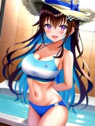 ai_generated arms_behind_back bathtub bikini brown_hair hands_behind_back hat hololive medium_breasts smile sweat thighs tokino_sora virtual_youtuber yo_dayo_(ai)