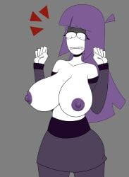 1girl 1girls bangs bare_shoulders big_breasts blunt_bangs breasts breasts_out clenched_teeth clothing cowboy_shot detached_sleeves dress female female_only flat_color grey_background hands_up huge_breasts large_breasts lila_(spooky_month) long_hair milf mother nipples pantyhose purple_hair saltynoodles simple_background solo spooky_month teeth thick_thighs wardrobe_malfunction white_skin wide_hips