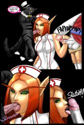 1girls 2011 blizzard_entertainment blood_elf blowjob comic comic_page dialogue fellatio green_eyes handjob licking_penis light-skinned_female light_skin original_character penis pussy red_hair shina tyurru warcraft world_of_warcraft zoophilia