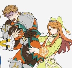 1girls 2boys boucheron_(fire_emblem) clothed clothed_female clothed_male clothed_male_clothed_female crop_top etie_(fire_emblem) female female_on_male femdom fire_emblem fire_emblem_engage male male_penetrated malesub mostly_offscreen_character mostly_offscreen_male muscular_female muscular_male red_hair touching white_background