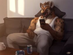 2023 alcohol anthro beer beverage beverage_can biceps bulge cellphone clothed clothing coffee_mug drawstring erection erection_under_clothing fondling fondling_self furniture genitals hand_on_penis hi_res holding_object holding_phone hyena inside jaykat licking licking_lips male male_only mammal manly muscular on_sofa open_mouth pecs penis_outline phone pillow self_fondle shirt sitting smartphone smile sofa solo sweatpants tank_top tongue tongue_out topwear triceps white_clothing white_shirt white_tank_top white_topwear