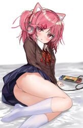 1girls ass blue_skirt blush cat_headphones console doki_doki_literature_club egg female female_only gaming_console headphones natsuki_(doki_doki_literature_club) nintendo_switch panties pantyshot pink_eyes pink_hair pokemon skirt socks solo switch_console white_panties yon4444444