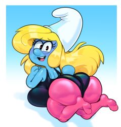 ass big_ass big_breasts big_butt big_hat big_nose blonde_hair blue_skin eyelashes female huge_breasts looking_at_viewer looking_back peyo_(copyright) smurf smurfette somescrub sweat tail the_smurfs thick thick_ass thick_thighs tight_clothing white_hat workout workout_clothes