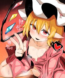 absurdres bangs blonde_hair blush breasts commentary_request crystal female flandre_scarlet foot_out_of_frame hair_between_eyes hat heart highres looking_at_viewer loose_clothes loose_shirt medium_hair mob_cap nipples oerba_yun_fang open_mouth pink_shirt pointy_ears pussy pussy_juice red_eyes rinyamame shirt sitting small_breasts smile solo spoken_heart sweat touhou uncensored wariza white_headwear wings