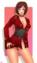 choker clothing female khalitzburg kimono kurenai_(red_ninja) panties red_kimono red_ninja red_ninja_end_of_honor robe short_hair solo underwear upscaled