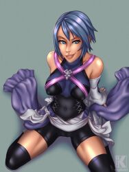 1girls 2022 aqua_(kingdom_hearts) blue_eyes blue_hair commission female female_only kingdom_hearts kneeling kyder looking_at_viewer smiling smiling_at_viewer solo square_enix viewed_from_above