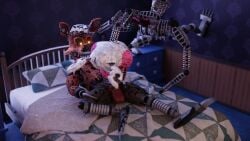 animatronic bed bedroom canid canine duo fellatio female five_nights_at_freddy's five_nights_at_freddy's_2 five_nights_at_freddy's_4 fox foxy_(fnaf) furniture genitals hi_res humanoid lying machine male male/female mammal mangle_(fnaf) mangled_mangle_(fnaf) nightmare_foxy nightmare_mangle oral penile penis pink_body pirate red_eyes robot scottgames sex white_body yellow_eyes