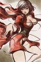 black_hair breasts brown_hair cleavage female japanese_clothes kimono kurenai_(red_ninja) large_breasts open_clothes panties photoshop_(medium) red_ninja short_hair solo stanley_lau underwear upscaled