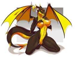 2020 amirah_(thehyperblast) anthro breasts brown_body claws clothing dragon evilcraber female genitals hi_res horn membrane_(anatomy) membranous_wings nipples non-mammal_breasts notched_wings orange_nipples orange_pussy pussy red_sclera scales solo spiked_tail spiked_wings spikes spikes_(anatomy) toe_claws wings yellow_body