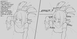 >_< .... 1girls 2023 ? blush bracelet breasts embarrassed english_text female female_focus flying_sweatdrops fully_clothed hair_ornament imminent_rape imminent_sex monochrome ninja oc original_character shortstack sketch solo sound_effects stuck stuck_in_wall text twintails vammzu