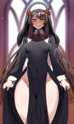 1girls breasts brown_eyes brown_hair female genshin_impact hinghoi hips hu_tao_(genshin_impact) light-skinned_female light_skin long_hair medium_breasts naughty_face nun nun's_habit nun_outfit pelvic_curtain thick_thighs thighs wide_hips