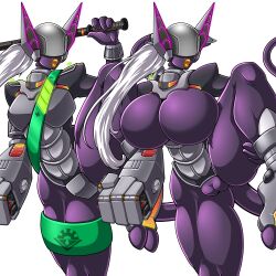 2023 4_fingers adjatha armor big_breasts breast_expansion breasts cybernetic_arm cybernetic_limb cybernetics cyborg expansion exposure_variation featureless_breasts female fingers genitals hair headgear helmet hi_res holding_baton lips machine muscular muscular_female on_one_leg purple_body pussy raised_leg security simple_background solo standing story story_in_description thick_lips thick_thighs trials_in_tainted_space white_background white_hair wristband zaika_(species)