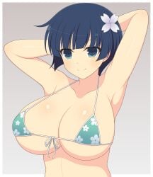 1girls armpits bangs bikini blue_eyes blue_hair blunt_bangs cleavage collarbone female flower flower_in_hair flower_pattern front-tie_bikini gradient_background hands_behind_head huge_breasts ichiryuu_tsumiki light-skinned_female light_skin micro_bikini ribbon senran_kagura short_hair simple_background smile solo yozakura_(senran_kagura)