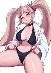 1girls 2d 2d_(artwork) adjusting_panties ass_visible_through_thighs big_breasts black_bikini black_underwear female_only fortnite fortnite:_battle_royale lennox_rose_(fortnite) light-skinned_female light_skin long_hair magaska19 open_jacket open_legs pink_eyes pink_lips revealing_clothes sitting solo_female tired twintails two_tone_hair white_background white_jacket