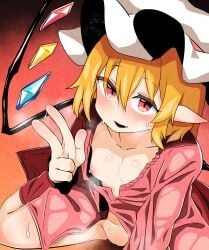 absurdres bangs blonde_hair blush breasts commentary_request crystal female flandre_scarlet foot_out_of_frame hair_between_eyes hat highres looking_at_viewer loose_clothes loose_shirt medium_hair mob_cap nipples oerba_yun_fang open_mouth pink_shirt pointy_ears pussy pussy_juice red_eyes rinyamame shirt sitting small_breasts smile solo sweat textless_version touhou uncensored wariza white_headwear wings