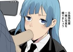 1boy 1girls bangs blowjob blue_hair cellphone censored clothed fellatio female japanese_text jujutsu_kaisen kasumi_miwa male nier_(artist) oral oral_sex partial_male penis phone satoru_gojo selfie text translated