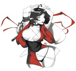 arms_up black_hair black_panties black_underwear breasts brown_eyes choker cleavage clothing female highleg highleg_panties johnrokk kimono kurenai_(red_ninja) large_breasts lipstick makeup navel open_clothes open_kimono open_robe pale_skin panties red_ninja red_ninja_end_of_honor robe sash short_hair short_kimono short_sword simple_background solo string sword underwear upscaled weapon white_background