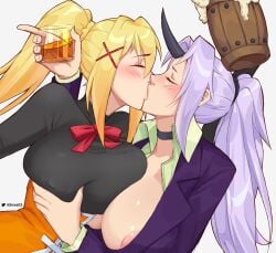 2022 2girls alcohol allen_skies allen_skies02 areola_slip artist_name beer_mug big_breasts blonde_hair blush breast_grab breast_press breasts choker closed_eyes commission crossover darkness_(konosuba) drunk female female_only formal french_kiss glass grabbing grabbing_another's_breast grey_background groping groping_breasts hair_ornament hi_res highres horn huge_breasts inner_sideboob kissing kono_subarashii_sekai_ni_shukufuku_wo! large_breasts lesbian_kiss long_hair mature_female multiple_girls nipple_bulge nipples no_bra oni oni_horns ponytail purple_hair shion_(tensei_shitara_slime_datta_ken) side_view skindentation suit tensei_shitara_slime_datta_ken twitter_logo white_background x_hair_ornament younger_female yuri