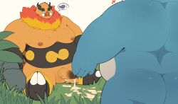 2023 anthro ass balls belly big_belly blue_body blush bodily_fluids cum detailed_background duo eggplant emboar erection food fruit generation_1_pokemon generation_5_pokemon genital_fluids genitals haoming hi_res kemono male male_only moobs nintendo nipples orange_body outside overweight overweight_male penis plant pokemon pokemon_(species) sitting snorlax