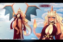 1girls 2d blonde_hair blue_eyes charizard cleavage detailed_background dress female female_only horns long_eyelashes mega_charizard mega_charizard_y mega_evolution nintendo orange_body pokémon_(species) pokemon pokemon_(species) solo tail thick_thighs wings