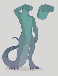 abs amit anthro balls barefoot biceps blue_eyes casual_nudity claws closed_eyes feet flaccid foreskin genitals hi_res humanoid_genitalia humanoid_hands humanoid_penis lizard male manly muscular muscular_anthro muscular_male nude pecs penis reptile scalie simple_background smile solo solo_focus