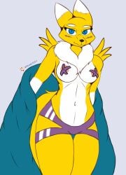 absurd_res anthro bandai_namco bikini bikini_bottom blue_eyes breasts canid canine canis clothing covered_nipples digimon digimon_(species) female fluffy_neck_fur fox hi_res mammal neck_tuft nipples nude renamon skade_(artist) solo swimwear thick_thighs tuft wide_hips