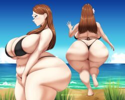 1girls absurd_res ass ass_cleavage ass_focus bae_(toroboro) barefoot beach big_ass brown_eyes brown_hair butt_crack flower_in_hair gigantic_ass huge_ass huge_breasts ocean sand smiling thick_thighs thong toroboro venus_body voluptuous voluptuous_female wide_hips