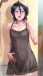 1girls black_hair black_negligee bleach blurry blurry_background breasts collarbone cowboy_shot daraz18aka female female_only fully_clothed hair_between_eyes highres indoors kuchiki_rukia looking_at_viewer open_mouth purple_eyes shadow short_hair shower_head small_breasts solo teeth upper_teeth_only wet wet_clothes wet_hair