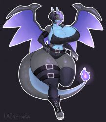 2d anthro anthro_only anthrofied belly_button big_breasts black_background black_body breasts charizard cleavage clothed clothing dragon dragon_girl dragon_horns elbow_gloves female horns large_breasts long_hair mega_charizard mega_charizard_x mega_evolution nintendo pokémon_(species) pokemon pokemon_(species) red_eyes scalie short_shorts solo tail text thick_thighs thighhighs wings