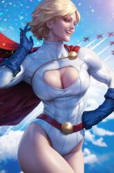 1girls artgerm big_breasts blonde_hair boob_window breasts cape curvy curvy_female curvy_figure dc female female_only fully_clothed karen_starr kryptonian light-skinned_female power_girl short_hair solo solo_female straight_hair superheroine superman_(series) voluptuous voluptuous_female wide_hips