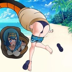 1:1 1girls absorption_vore android beach bio-android bio-android_(dragon_ball) blush clothing dartarog dragon_ball dragon_ball_z duo female female_prey forced hi_res human human_prey lana_(pokemon) machine male male/female male_pred mammal medium_breasts nintendo one-piece_swimsuit open_mouth pokemon pokemon_(species) pokemon_sm robot shorts soft_vore swimsuit unwilling_prey unwilling_vore vore