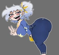 bent_over big_ass big_breasts big_butt blue_eyes blush eyelashes grey_hair hair_ornament hand_on_knee jewelry lori_star oc peace_sign simple_background sweatpants tongue_out weener72